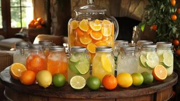 Citrus Infused Drinks in Mason Jars on Rustic Table photo