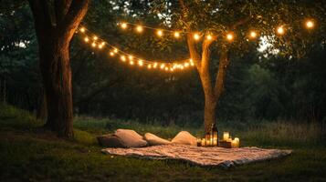 Romantic Outdoor Picnic at Night Under Trees with String Lights photo