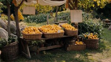 Rustic Outdoor Lemon Stand with Wicker Baskets photo