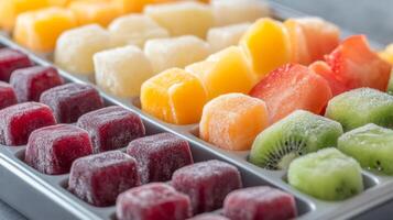 Colorful Frozen Fruit Cubes in a Tray photo