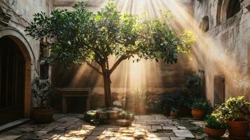 Sunlit Tree in Ancient Stone Courtyard photo