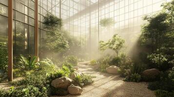 Sunlit Greenhouse Garden with Lush Greenery and Rock Path photo