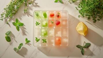 Refreshing Ice Cubes with Cucumber Strawberry and Mint photo