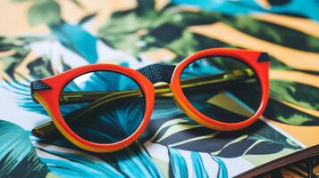 Red And Orange Round Sunglasses On Tropical Leaf Pattern photo