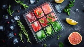 Frozen Fruit and Herb Ice Cubes in a Tray photo