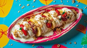 Boat Shaped Banana Split with Strawberries and Pecans photo