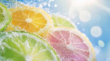 Closeup of Slices of Citrus Fruits in Sparkling Water photo