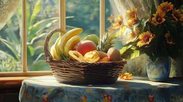 Sunlit Still Life of Tropical Fruit in a Wicker Basket photo