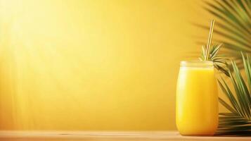 Refreshing Yellow Juice with Palm Leaf on Wooden Table photo