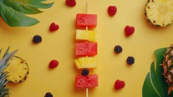Colorful Summer Fruit Skewers on Yellow Background photo