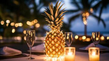 Illuminated Pineapple Centerpiece at a Romantic Tropical Dinner photo