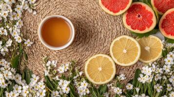 Overhead View of Teacup and Citrus Fruit Slices with White Flowers photo