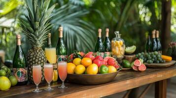 Tropical Fruit and Champagne Display on Wooden Table photo