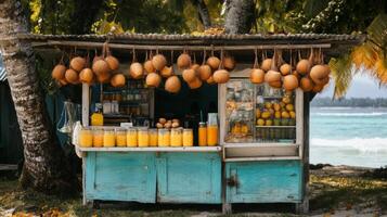 Tropical Beach Juice Stand with Coconuts and Ocean View photo