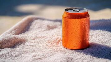 Orange Aluminum Can with Condensation on White Beach Towel photo
