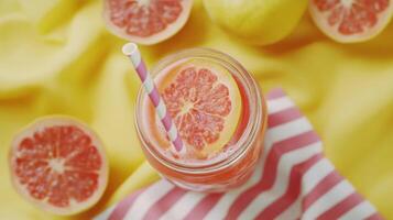 Pink Grapefruit Summer Drink in Mason Jar on Yellow Background photo