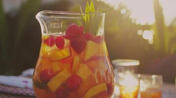 Sunlit Peach and Raspberry Fruit Punch in Glass Pitcher photo