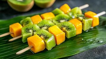 Mango and Kiwi Fruit Skewers on Banana Leaf photo
