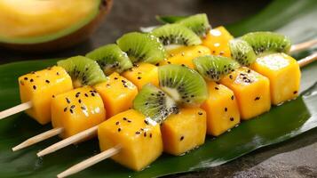 Mango and Kiwi Fruit Skewers on Green Leaf photo