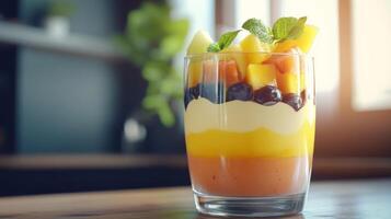 Layered Fruit Salad with Mango and Berries in Glass photo