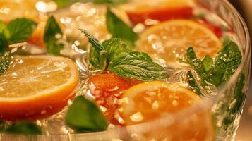 Close Up of Refreshing Citrus Drink with Mint and Ice photo