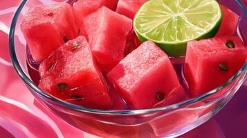 Refreshing Watermelon and Lime Cubes in Glass Bowl photo