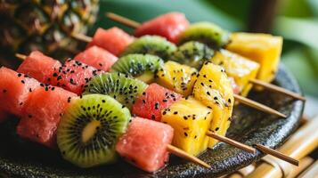 Colorful Tropical Fruit Skewers with Watermelon, Kiwi, and Pineapple photo