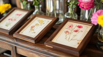 Botanical Illustrations in Dark Wooden Frames on Rustic Table photo
