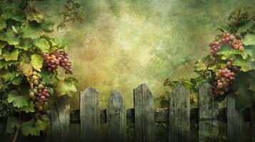 Rustic Wooden Fence with Ripe Red Grapes and Green Vines photo