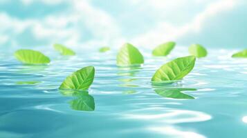 Green Leaves Floating on Calm Blue Water Under a Bright Sky photo