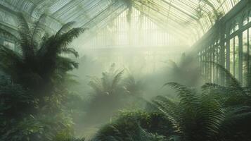 Sunlit Greenhouse Filled with Lush Green Ferns and Fog photo