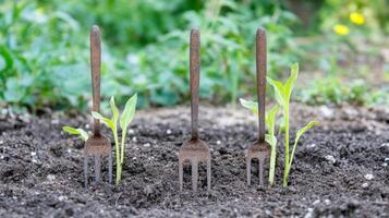 Rusty Forks Supporting Young Plants Growing in Rich Dark Soil photo