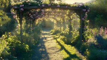 Sunlit Garden Path with Rose Arch photo