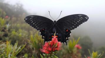 Black Butterfly on Red Flower in Foggy Mountain photo
