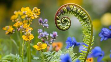 Unfurling Fern and Vibrant Wildflowers in Spring photo