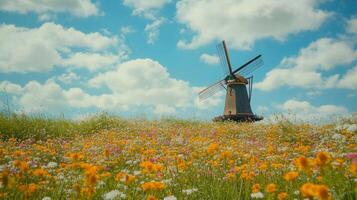 Windmill in a Colorful Wildflower Field Under a Sunny Sky photo