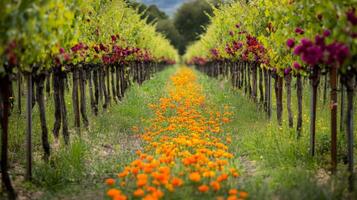 Orange Flowers Blooming Between Rows of Grapevines photo