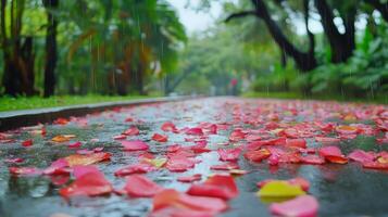 Pink and Red Petals on a Rainy Path photo