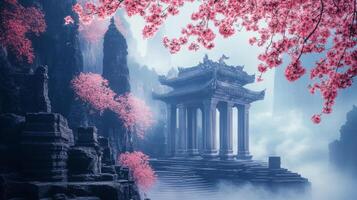 Ancient Stone Temple Amidst Pink Cherry Blossoms and Foggy Mountains photo