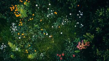 Aerial View of Vibrant Wildflowers in a Lush Green Meadow photo