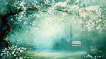 Serene Garden Scene with Swing Under Blossoming Tree photo