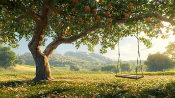 Sunset Landscape with Fruit Tree and Swing photo