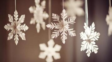 White Paper Snowflakes Hanging Against Brown Background photo