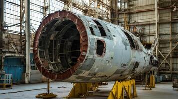 Old aircraft fuselage in abandoned hangar photo