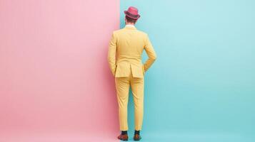 Man in yellow suit poses against colorful backdrop photo