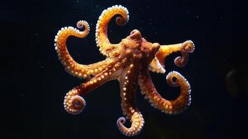 Octopus gliding in dark ocean waters near reef photo