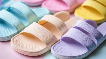 Colorful sandals arranged in a vibrant display photo