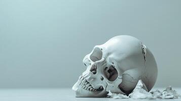 Skull on a surface with fragments around it photo
