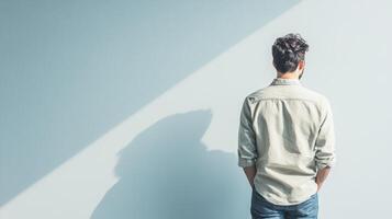 Man stands in contemplative pose by a wall photo
