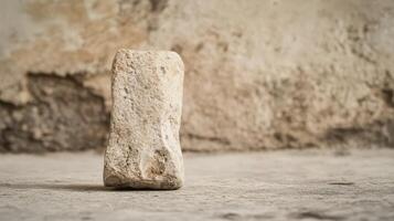Unique stone standing against textured wall photo